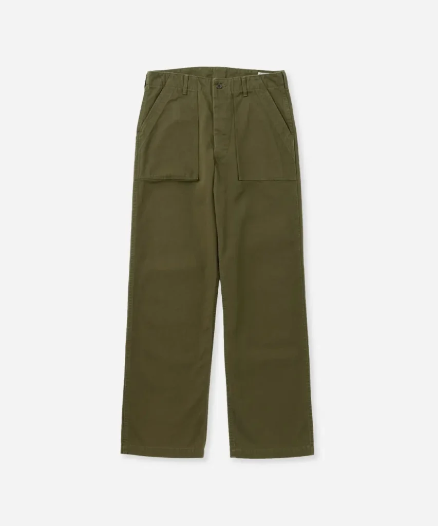 Olive-green utility trousers featuring large front patch pockets, durable cotton fabrication, and relaxed straight-leg proportion