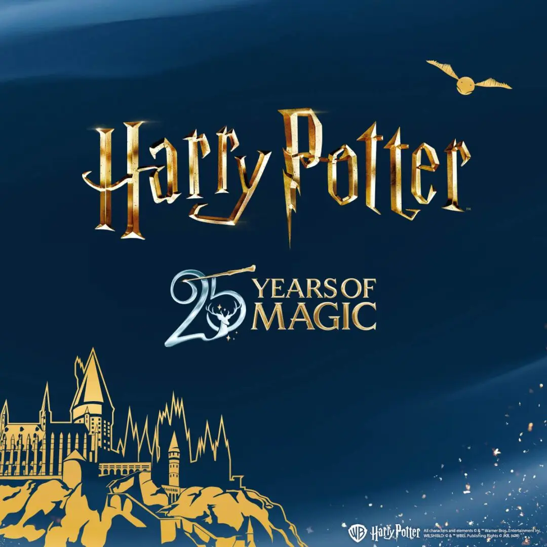 Harry Potter 25 Years of Magic anniversary graphic featuring the iconic gold Harry Potter logo above a commemorative emblem, with a line-art illustration of Hogwarts Castle against a deep blue background