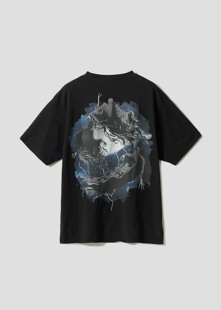 Black oversized T-shirt showcasing a dramatic back graphic of Dementor-like figures swirling around a glowing moon amid lightning and dark storm effect