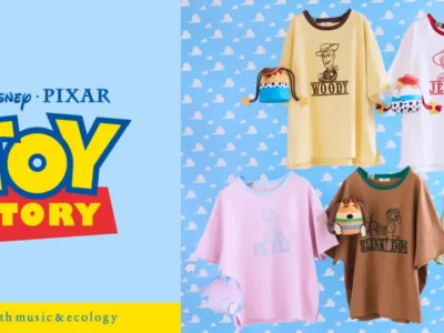 Toy Story x Earth Music & Ecology collection campaign image featuring oversized character T-shirts inspired by Woody, Jessie, Bo Peep, Slinky Dog, and the Little Green Aliens against the iconic Toy Story cloud wallpaper backdrop