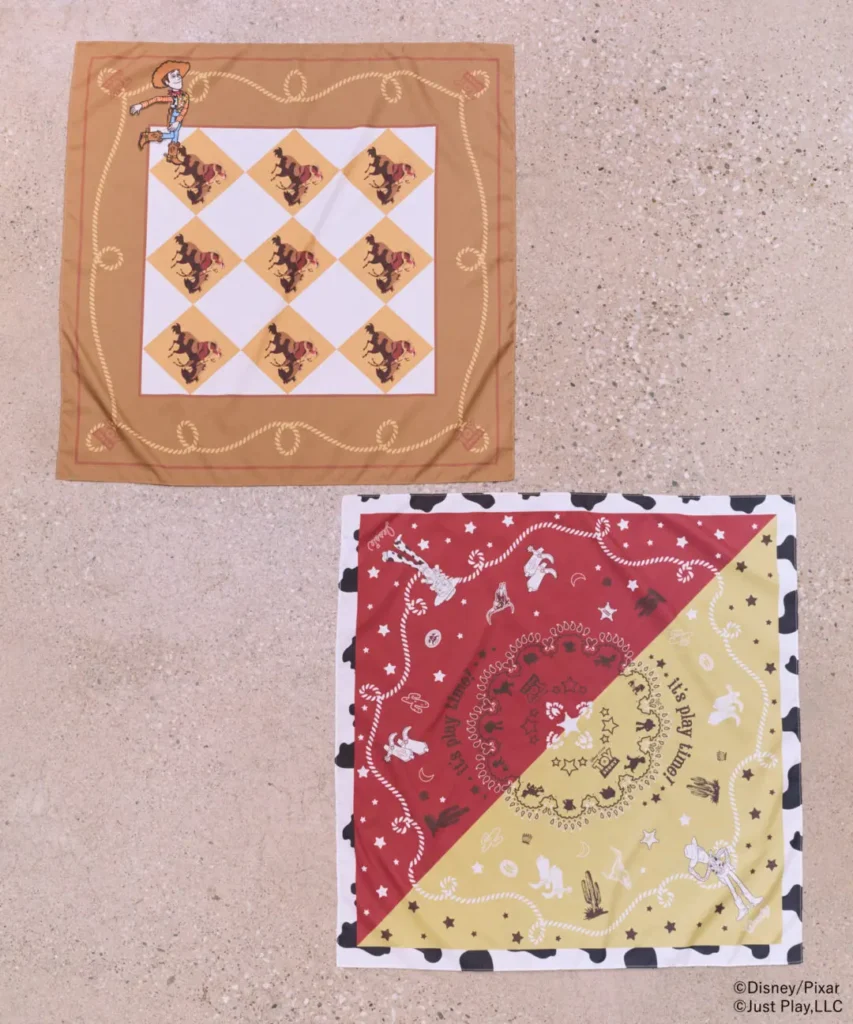 Toy Story western-themed bandanas showcasing Woody-inspired rodeo graphics, rope motifs, and character illustrations in earthy tan, red, and yellow tincture palette