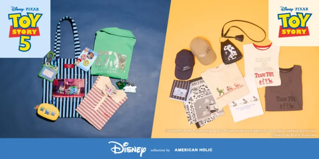 American Holic x Toy Story 5 collection overview featuring apparel, striped tote bags, caps, pouches, accessories, and character-themed lifestyle goods inspired by Buzz Lightyear and the Alien