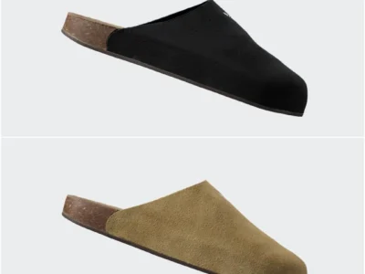 Beige adidas mule slippers featuring a soft suede-textured upper and embossed Trefoil logo, shown being worn indoors