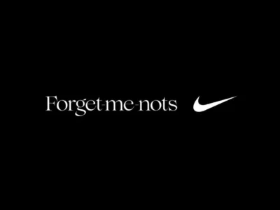 Black promotional teaser graphic featuring the Forget-me-nots wordmark alongside the Nike Swoosh in white, announcing the first collision between the Tokyo-based women's fashion retailer and Nike