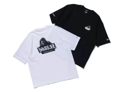 Front and back views of black and white XLARGE x New Era T-shirts showcasing a small chest logo and oversized gorilla-inspired graphic artwork across the back