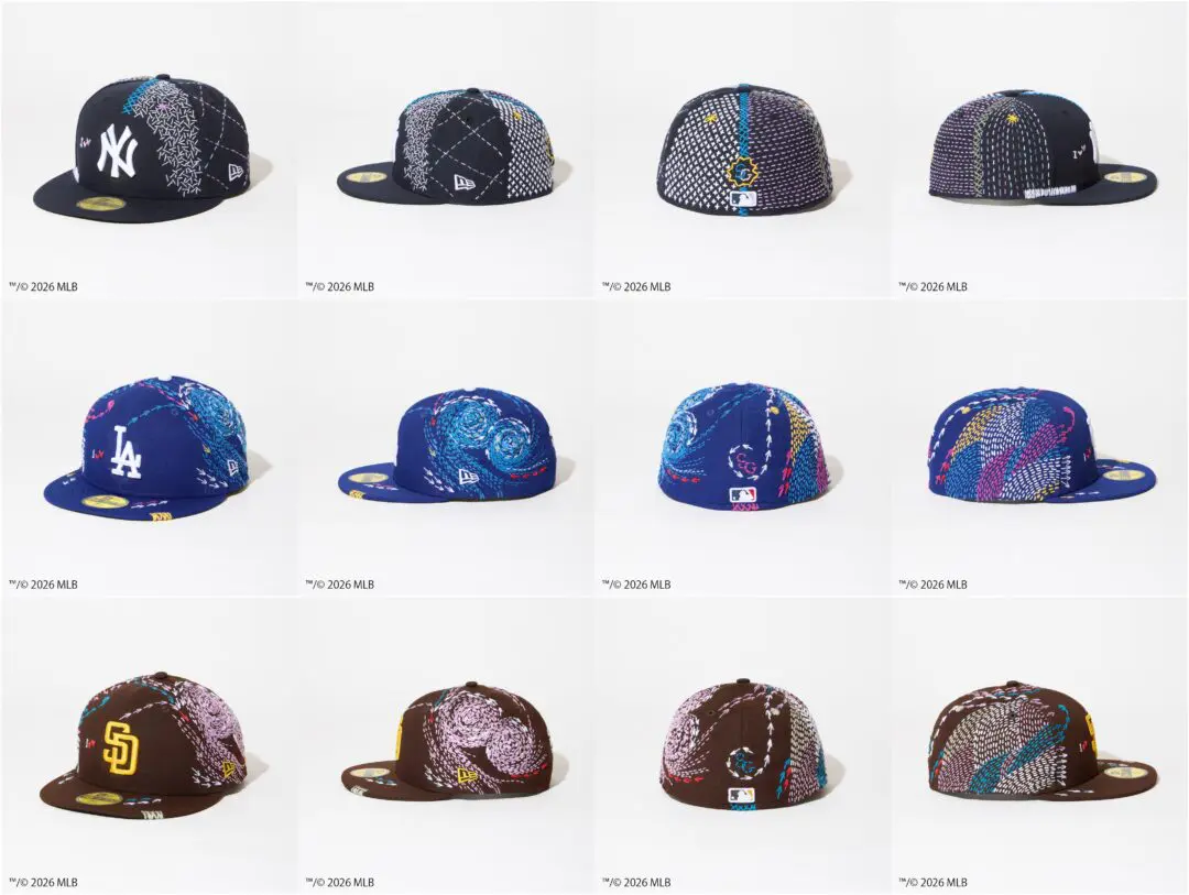 A product grid showcases three MLB New Era fitted caps from multiple angles. The Yankees, Dodgers, and Padres styles feature intricate hand-embroidered motifs, stitched arrows, swirling patterns, and colorful threadwork that transforms the classic team caps into wearable art piece