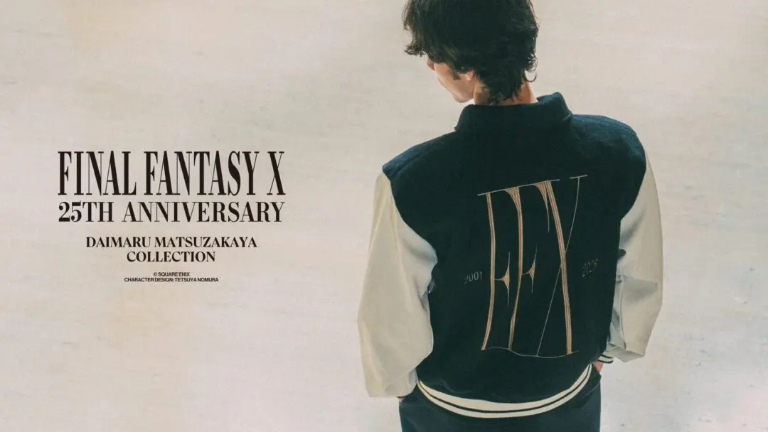 Promotional campaign image for the Final Fantasy X 25th Anniversary Daimaru Matsuzakaya Collection featuring a model wearing a black varsity jacket with a large anniversary FFX graphic on the back