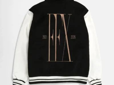 Black-and-white varsity jacket with striped ribbed trim and an oversized Final Fantasy X anniversary logo embroidered across the back, accompanied by the years 2001 and 2026