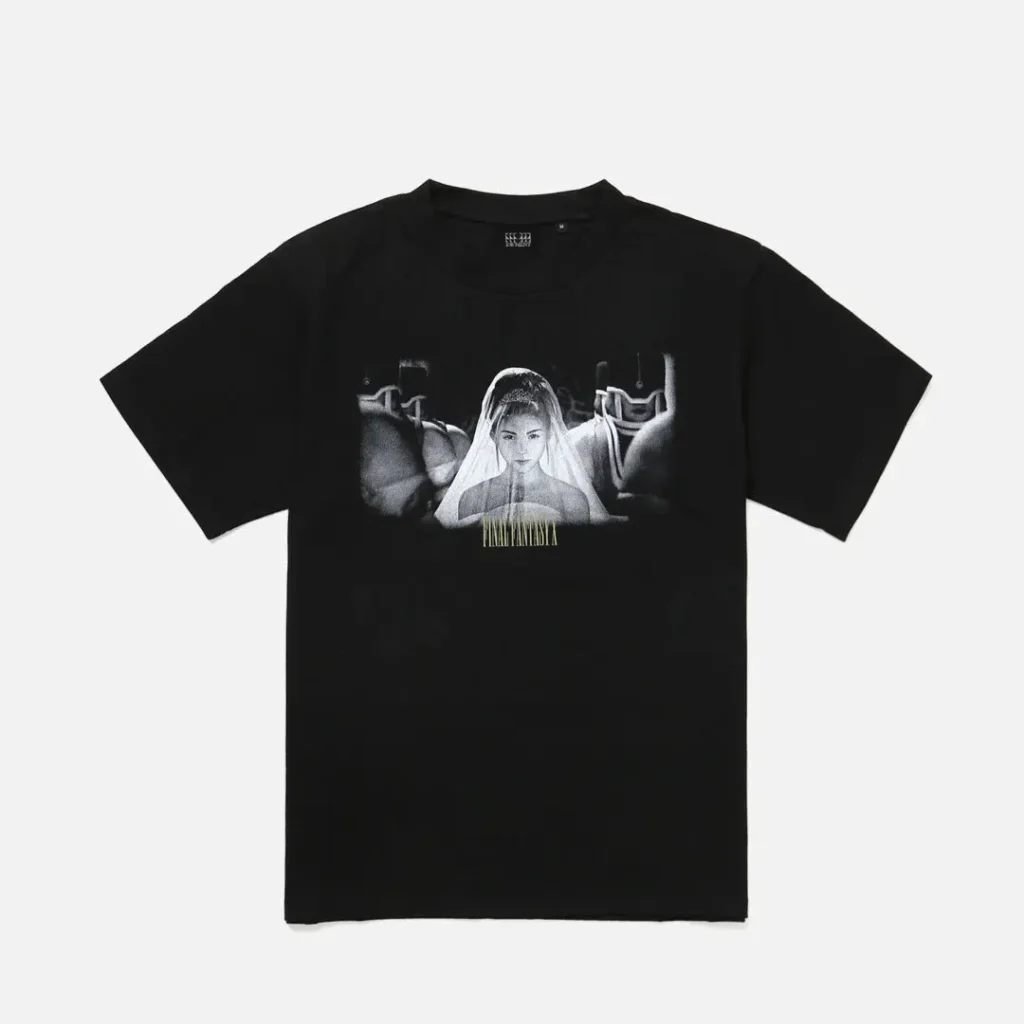 Black graphic T-shirt showcasing a monochrome portrait of Yuna in ceremonial attire, inspired by a cinematic scene from Final Fantasy X