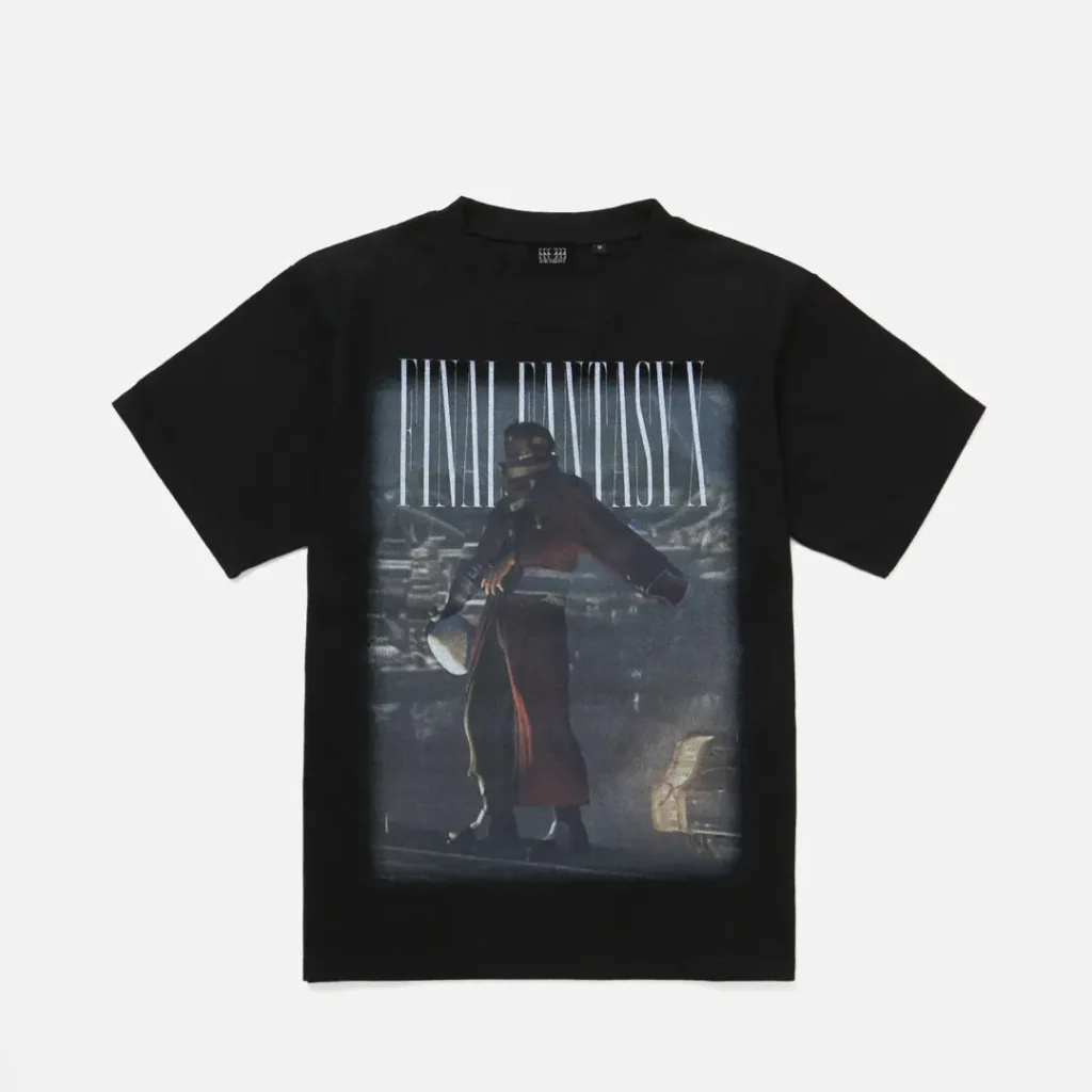 Black T-shirt featuring a vintage-style Final Fantasy X graphic with Auron standing against a moody backdrop beneath the franchise’s iconic logo