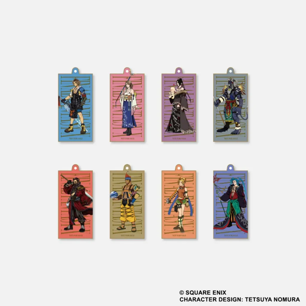 et of rectangular Final Fantasy X character keychains illustrated in Tetsuya Nomura’s signature art style, highlighting the game’s main cast in vibrant collectible design