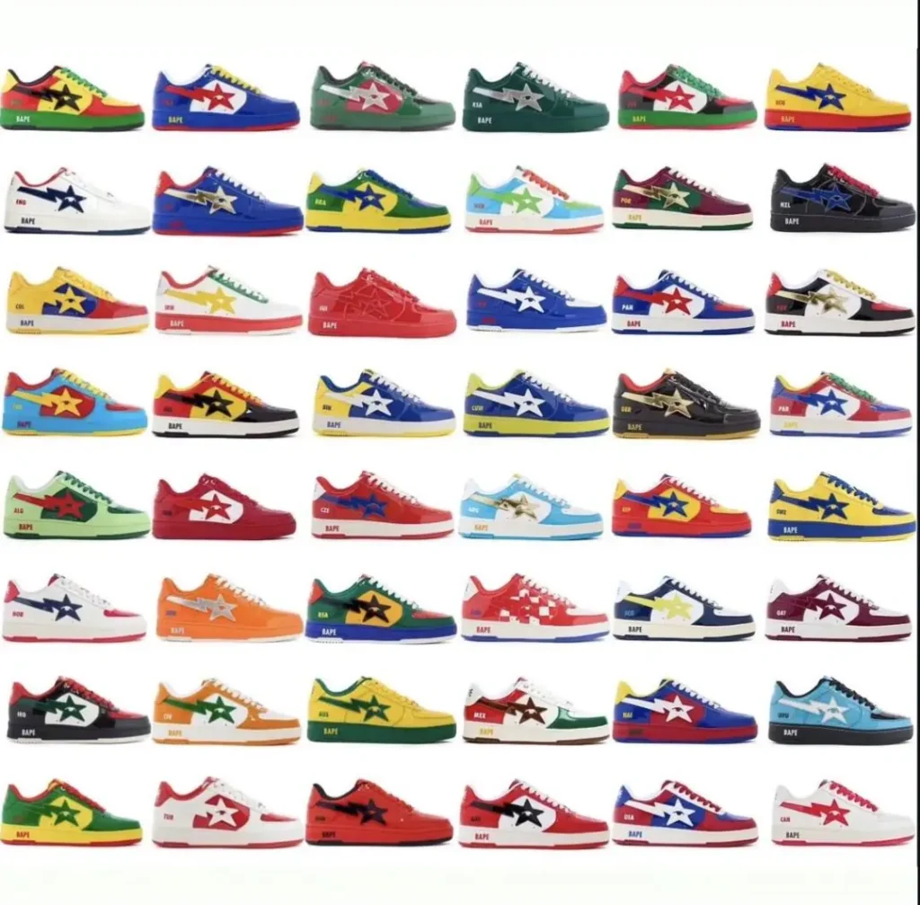 Grid display showcasing all 48 KidSuper x BAPE SUPERBAPE CUP BAPE STA colorways, each inspired by a FIFA World Cup nation with vibrant flag-based patent leather designs and signature star logo