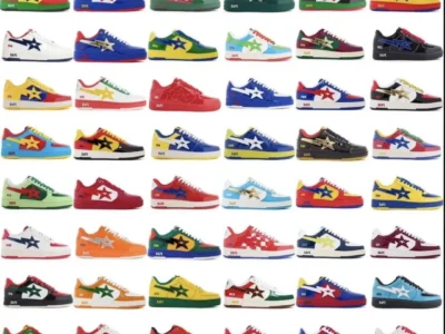 Grid display showcasing all 48 KidSuper x BAPE SUPERBAPE CUP BAPE STA colorways, each inspired by a FIFA World Cup nation with vibrant flag-based patent leather designs and signature star logo