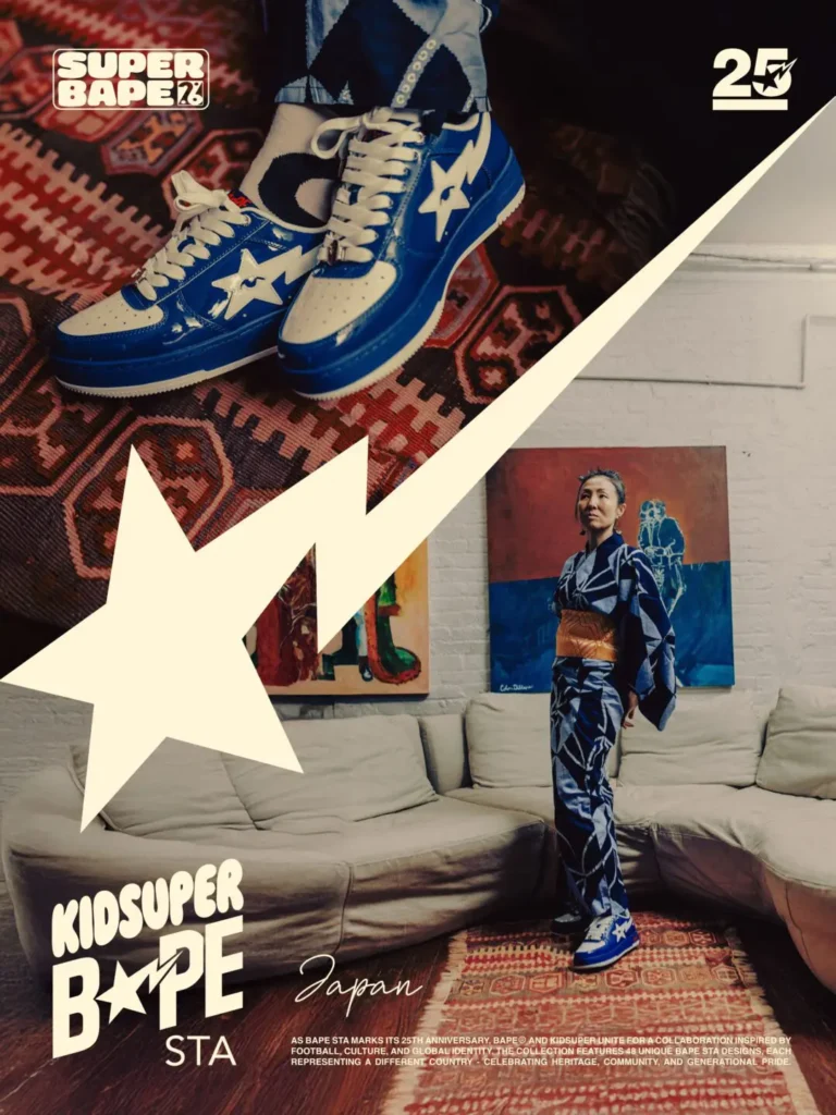 KidSuper x BAPE SUPERBAPE CUP United States edition featuring a glossy red, white, and blue BAPE STA worn by an older woman seated inside a vintage wooden interior