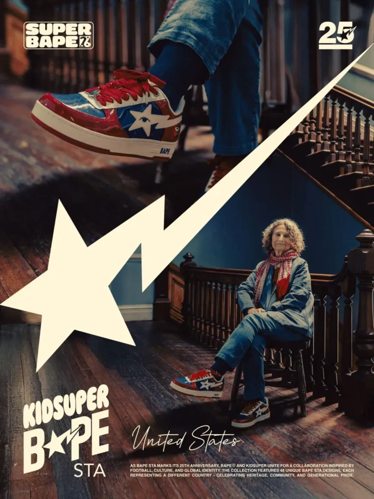 KidSuper x BAPE SUPERBAPE CUP United States edition featuring a glossy red, white, and blue BAPE STA worn by an older woman seated inside a vintage wooden interior