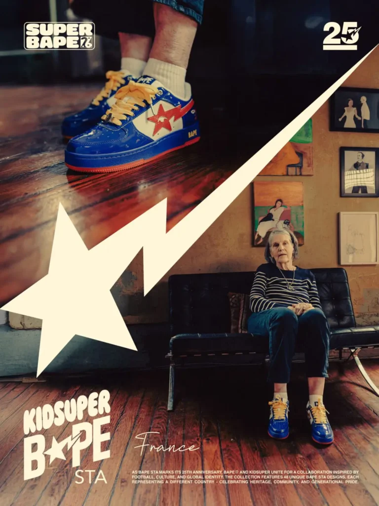 France-inspired KidSuper x BAPE SUPERBAPE CUP BAPE STA with royal blue patent leather, red star detailing, and yellow laces photographed alongside an older woman in a contemporary interior