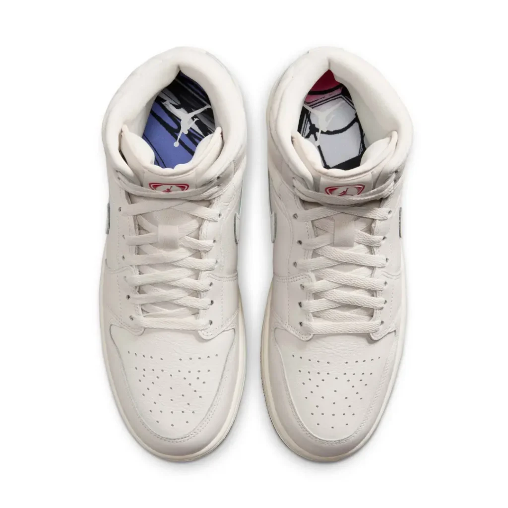 Top-down view of the Air Jordan 1 Mid Premium with sail flat laces, perforated toe boxes, padded collars, and colorful graphic insoles peeking through