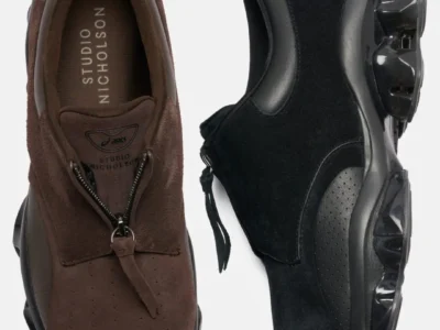 Studio Nicholson x ASICS GEL-KINETIC SP showcased in brown and black colorways, featuring premium suede uppers, a zipper closure system, and sculpted GEL cushioning unit