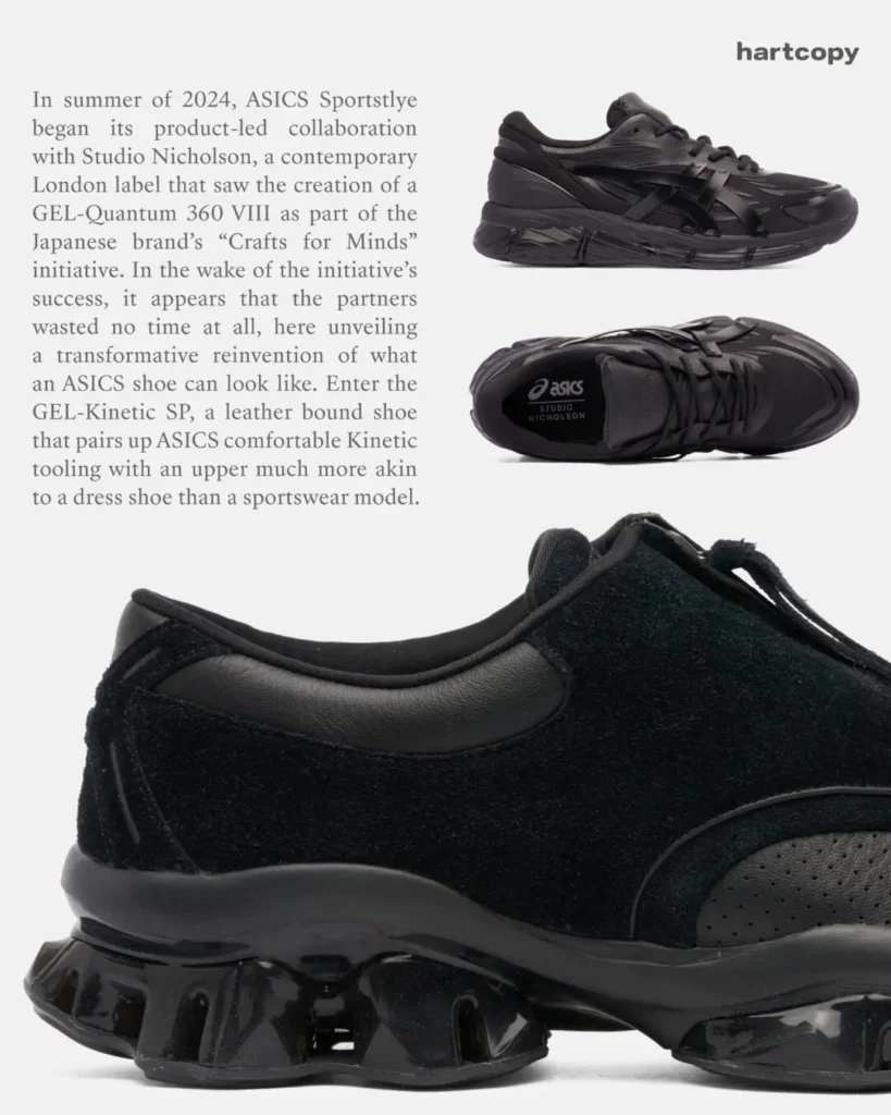 Editorial breakdown of the Studio Nicholson x ASICS GEL-KINETIC SP, highlighting the minimalist leather-and-suede upper paired with futuristic black GEL tool