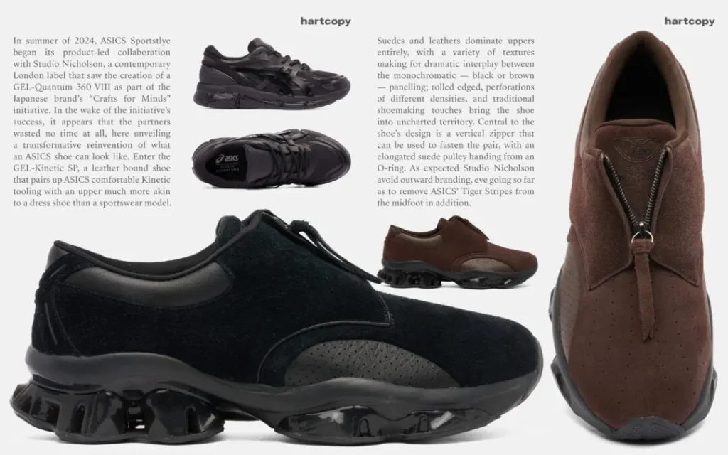 Comprehensive lookbook image showcasing the Studio Nicholson x ASICS GEL-KINETIC SP, blending dress shoe-inspired craftsmanship with advanced performance cushioning technology