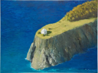 A serene landscape painting of a small white chapel perched on a grassy cliff overlooking a deep blue sea. A grove of golden-green trees lines the headland behind it, while steep rocky cliffs descend into the ocean, creating a peaceful and isolated coastal scene