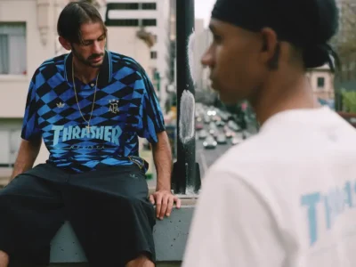 Model wearing the THRASHER x AFA football jersey inspired by Argentina’s 1994 World Cup kit with blue diamond graphics and adidas detail