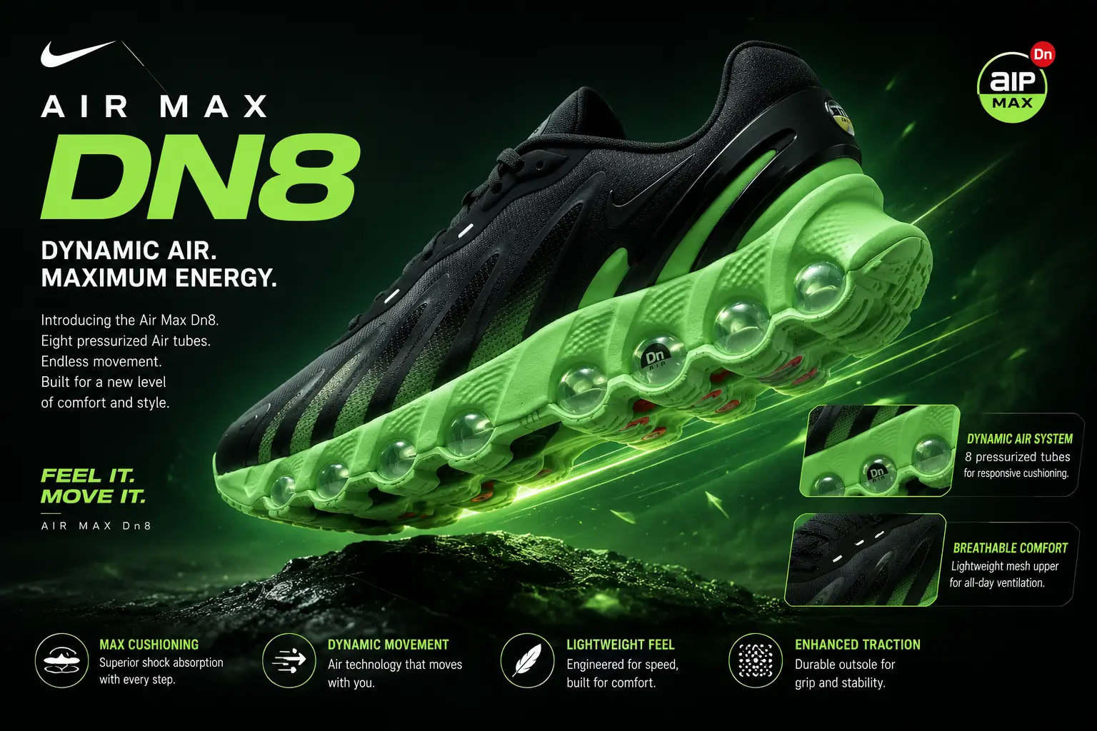 Nike Air Max Dn8 promotional graphic featuring a black and neon-green sneaker with visible Dynamic Air cushioning, glowing energy effects, and performance callouts highlighting comfort, responsiveness, breathability, and traction