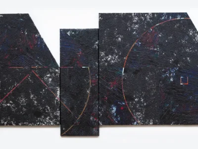 Abstract multi-panel artwork composed of asymmetrical canvas sections featuring textured black surfaces, layered blue and crimson brushstrokes, white speckled accents, and sweeping geometric arcs that create a dynamic contemporary composition