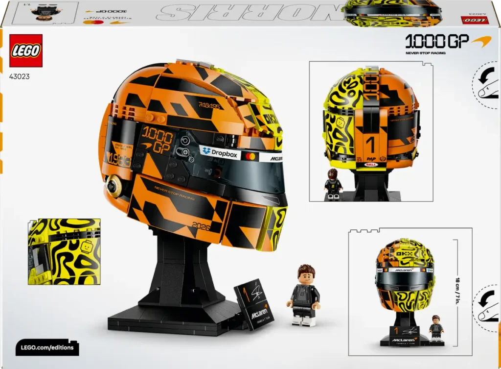 LEGO McLaren Formula 1 Team Lando Norris Helmet set packaging showing the orange-and-neon-yellow commemorative helmet design, display base, and Lando Norris minifigure