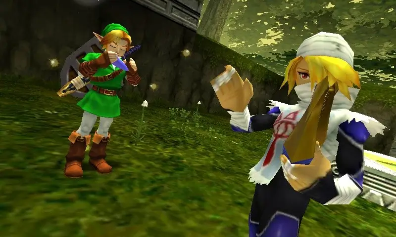 Link plays the Ocarina in a lush forest clearing while Sheik stands nearby in a white-and-blue disguise, holding a harp-like instrument. Sunlight filters through the trees as glowing particles drift through the air, capturing a memorable moment from The Legend of Zelda: Ocarina of Time featuring music, mystery, and the bond between the two character
