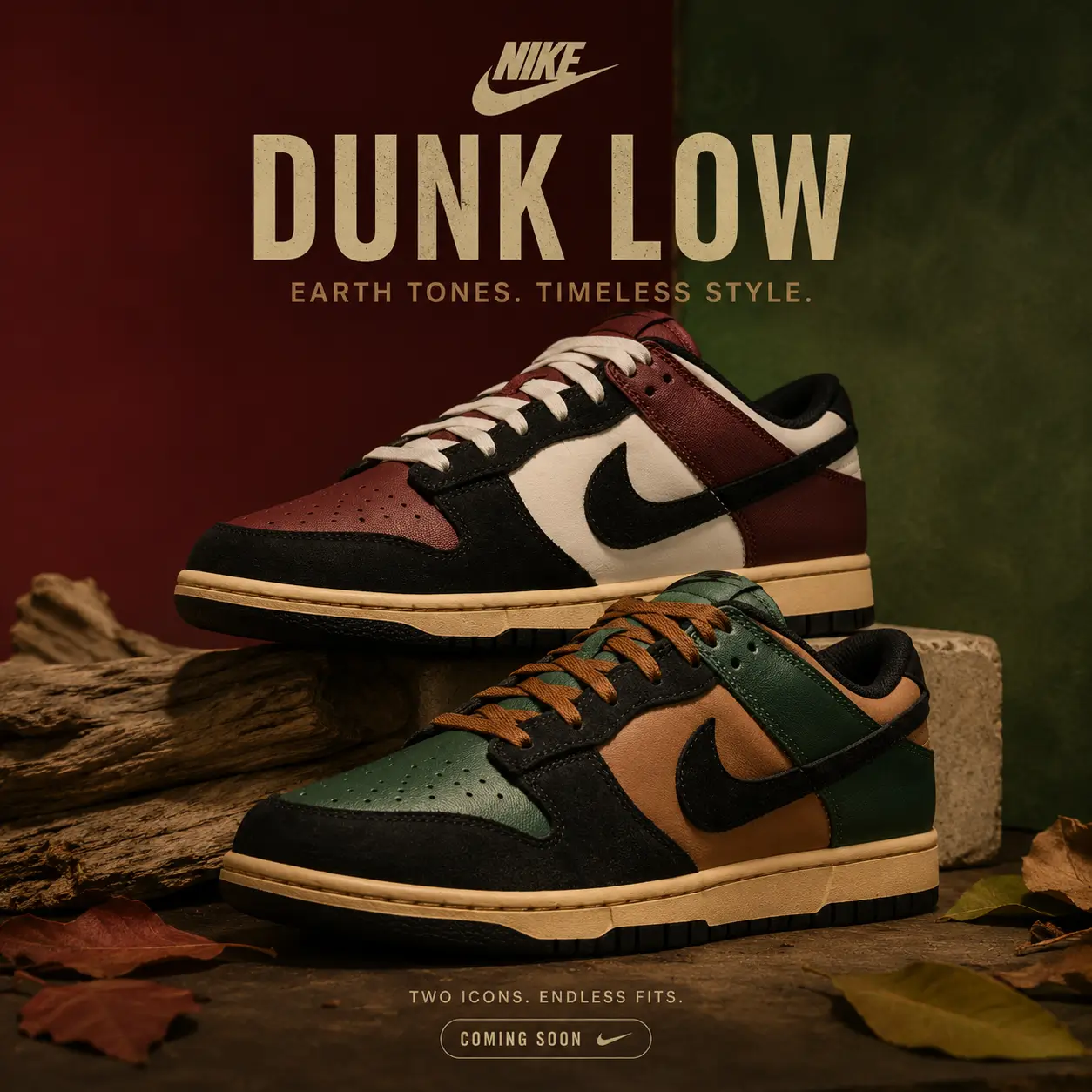 Editorial promotional image featuring Nike Dunk Low sneakers in burgundy, sail, black, green, and brown colorways displayed on rustic wood with earthy styling.