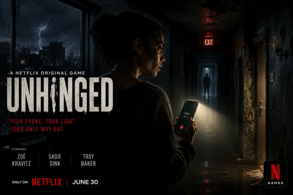 Dark and atmospheric promotional poster for Netflix’s horror game Unhinged. A woman stands in a storm-battered apartment hallway, using her smartphone as a flashlight while a shadowy figure lurks in the distance. Lightning flashes outside the window, reflecting across wet floors and worn walls. Bold title text, cast credits, and Netflix Games branding emphasize the cinematic, suspense-filled experience