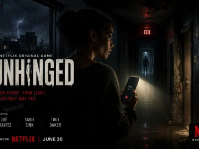 Dark and atmospheric promotional poster for Netflix’s horror game Unhinged. A woman stands in a storm-battered apartment hallway, using her smartphone as a flashlight while a shadowy figure lurks in the distance. Lightning flashes outside the window, reflecting across wet floors and worn walls. Bold title text, cast credits, and Netflix Games branding emphasize the cinematic, suspense-filled experience