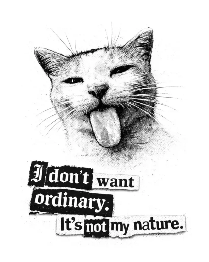 Black-and-white Pablo Aristo illustration of a mischievous cat sticking out its tongue above a collage-style message reading “I don’t want ordinary. It’s not my nature.” The artwork showcases the artist’s signature fusion of feline imagery, punk aesthetics, and anti-conformist street culture