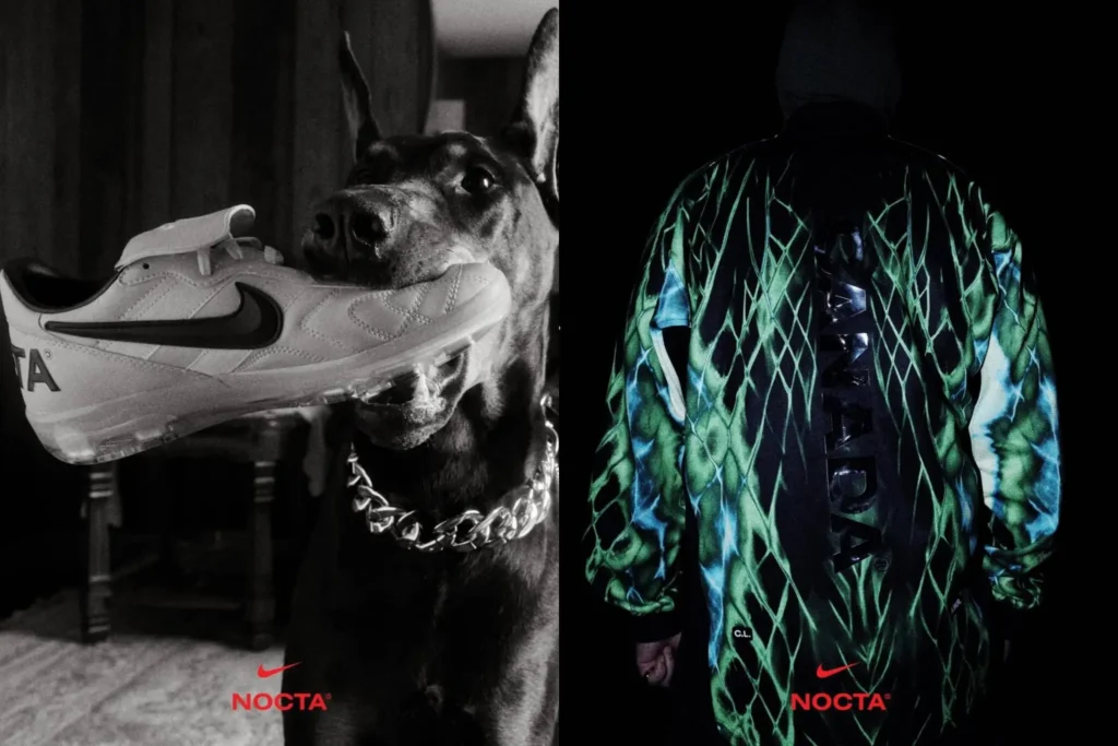 Black-and-white NOCTA campaign image featuring a large dog wearing a chunky silver chain collar while carrying a white Nike football boot in its mouth inside a dimly lit interior