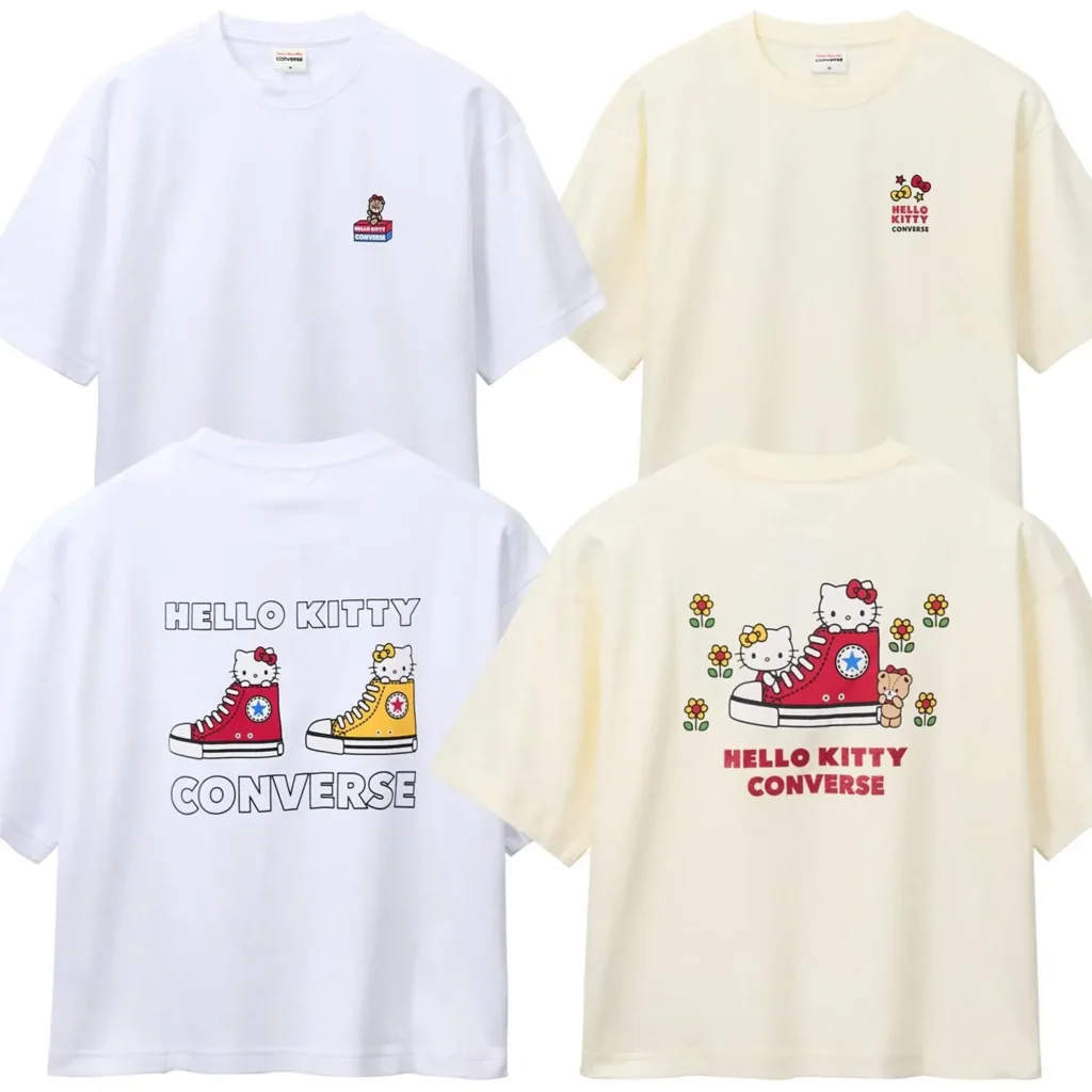 Hello Kitty x Converse graphic T-shirts in white and cream, showcasing embroidered chest logos and colorful character illustrations inspired by classic Chuck Taylor Shoe