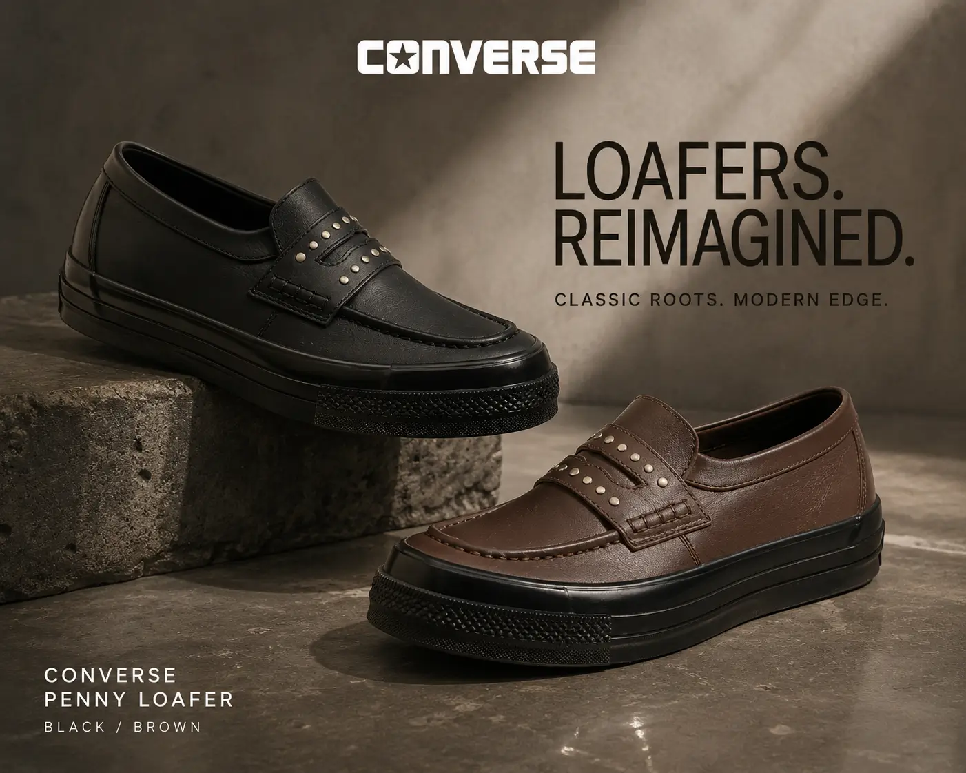 Converse Penny Loafer promotional campaign featuring black and brown leather studded loafers displayed on concrete blocks with dramatic lighting and modern editorial styling.
