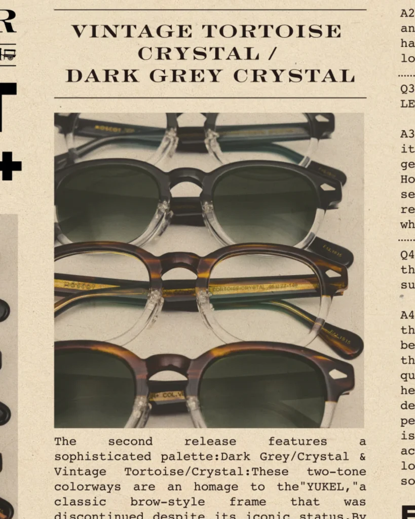 Editorial campaign page highlighting the MOSCOT x BEAMS PLUS LEMTOSH+ release, featuring Vintage Tortoise Crystal and Dark Grey Crystal frames inspired by classic browline eyewear design