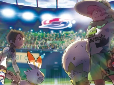 Anime-style Pokémon championship battle featuring two trainers and their partner Pokémon facing off under bright stadium lights. One trainer stands confidently beside a cotton-like Pokémon while the opposing trainer prepares alongside a rabbit-like fire Pokémon. Thousands of spectators fill the arena, creating a dramatic esports-inspired atmosphere before a major tournament match