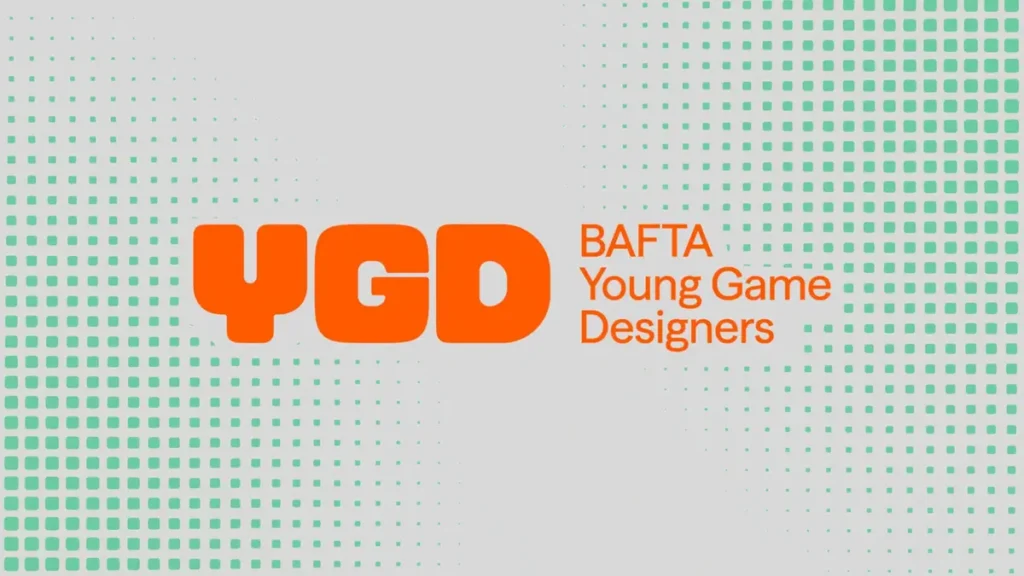 The BAFTA Young Game Designers (YGD) logo appears in bright orange against a light grey background, framed by mint-green pixel-inspired dot patterns. The clean graphic highlights BAFTA’s initiative supporting emerging game creators and young talent in interactive entertainment