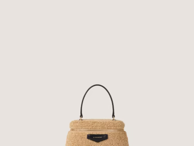 Front view of the Givenchy handbag crafted in natural raffia-textured material, featuring black leather trim, gold-tone hardware, a structured silhouette, and the signature Givenchy logo plaque