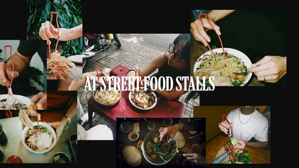 Campaign montage featuring Coca-Cola CokeSticks in real-world dining settings, with customers enjoying local street food dishes using the bottle-shaped chopstick