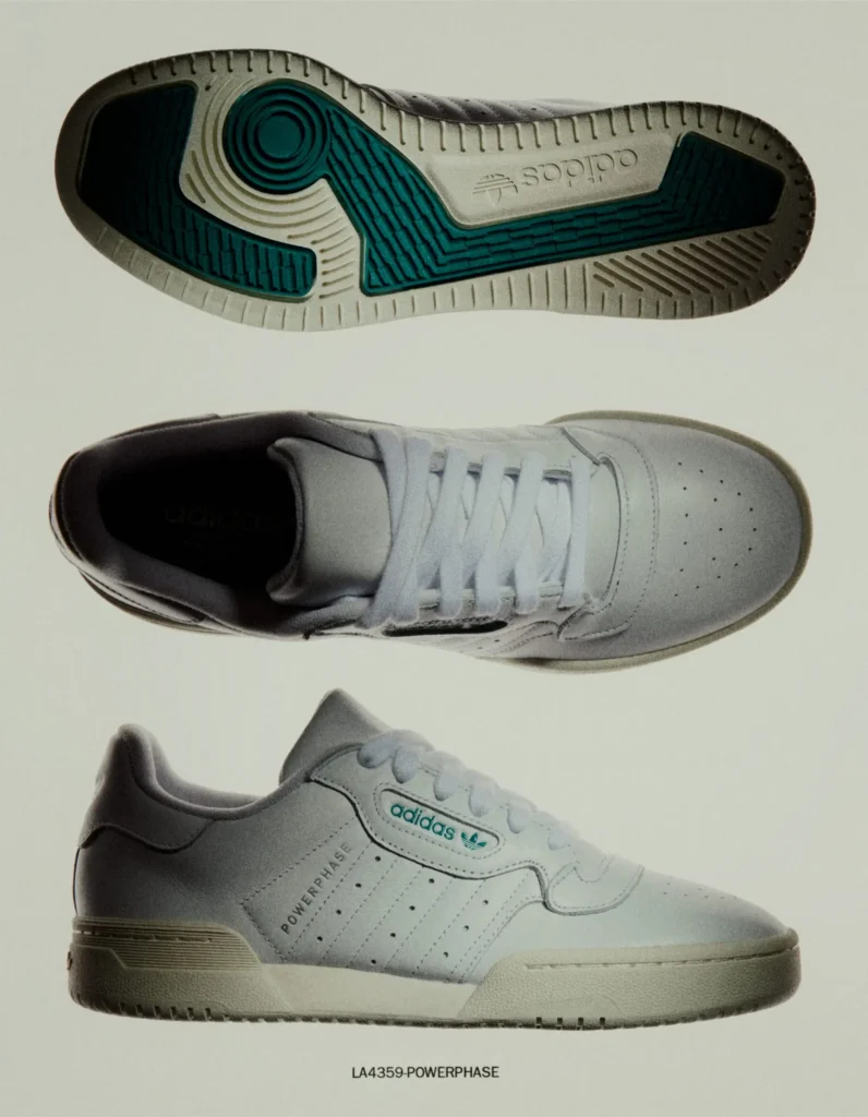 adidas SC Premiere sneaker shown in detailed product views featuring smooth white leather, layered panel construction, tonal stitching, cream-colored midsole, and classic court-inspired design language