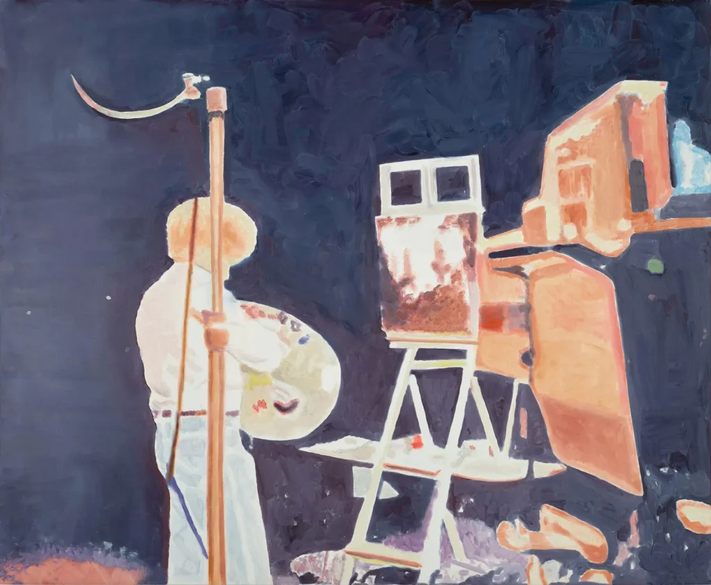 A dreamlike figurative painting depicts an artist standing before an easel under a deep midnight-blue sky. Rendered in loose, expressive brushstrokes, the scene features a pale figure holding a painter’s palette while working on a canvas illuminated with warm peach, cream, and rose tones. Architectural forms emerge abstractly in the background, blending with the dark atmosphere to create a surreal, contemplative setting. The contrast between the glowing subject matter and the shadowy surroundings evokes themes of creativity, solitude, and artistic observation, giving the composition an introspective and poetic quality