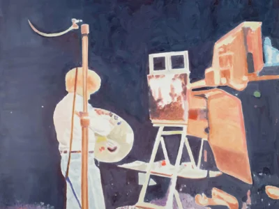 A dreamlike figurative painting depicts an artist standing before an easel under a deep midnight-blue sky. Rendered in loose, expressive brushstrokes, the scene features a pale figure holding a painter’s palette while working on a canvas illuminated with warm peach, cream, and rose tones. Architectural forms emerge abstractly in the background, blending with the dark atmosphere to create a surreal, contemplative setting. The contrast between the glowing subject matter and the shadowy surroundings evokes themes of creativity, solitude, and artistic observation, giving the composition an introspective and poetic quality