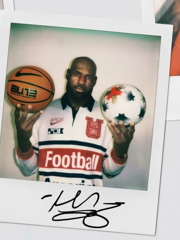 Polaroid-style portrait of a basketball star Lebron James wearing the America Football rugby shirt while holding a basketball and soccer ball, highlighting the collection’s crossover sports aesthetic