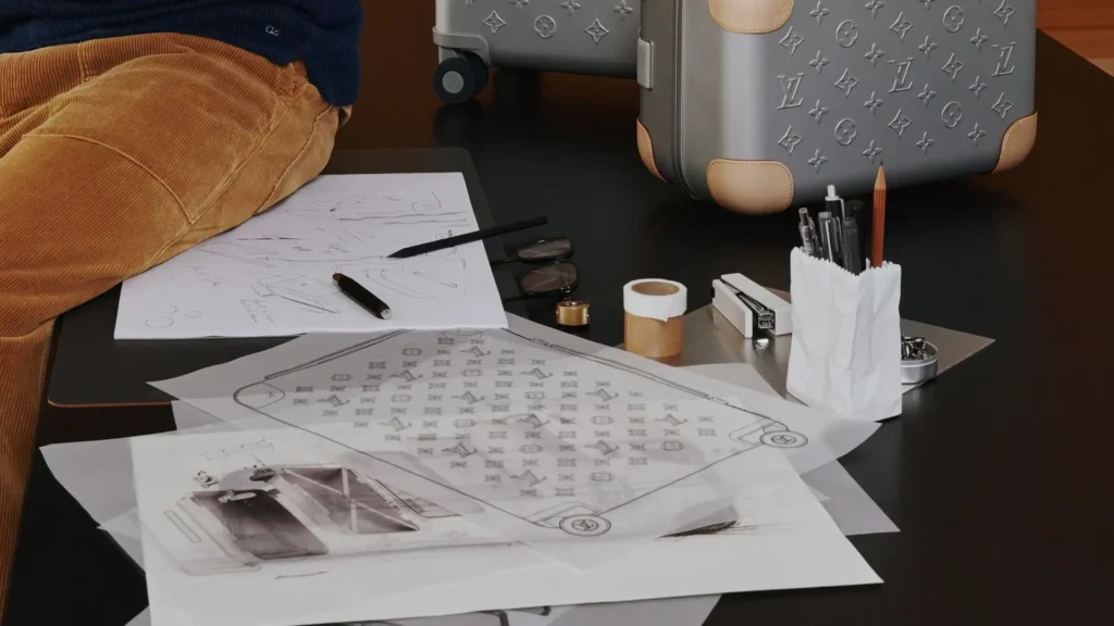 Design sketches and travel accessories spread across a workspace beside a Louis Vuitton Horizon aluminum suitcase, illustrating the creative process behind luxury luggage design