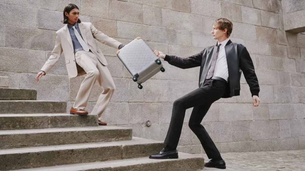 Two fashion models exchange a silver Louis Vuitton Horizon aluminum suitcase on a stone staircase, highlighting the collection’s modern elegance and travel-focused functional