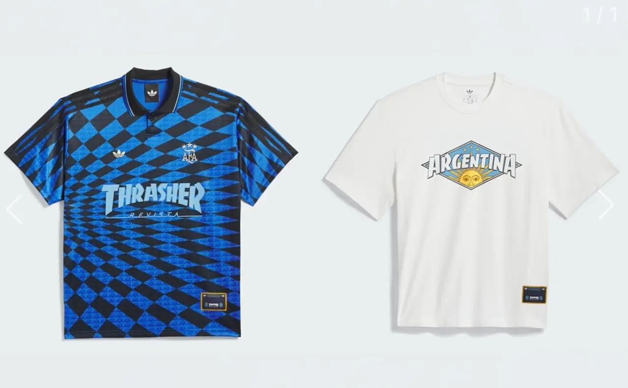 THRASHER x AFA capsule jersey and Argentina graphic T-shirt displayed side by side, highlighting football and skateboarding influence