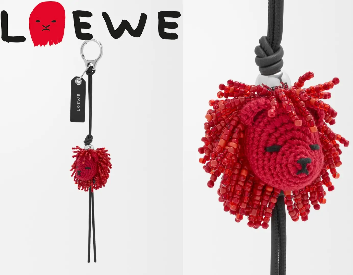 Loewe red lion charm keyring crafted with hand-crocheted detailing, vibrant red beadwork mane, black leather cord and silver-tone hardware